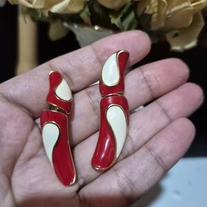 Monet Red and Cream Enamel Earrings